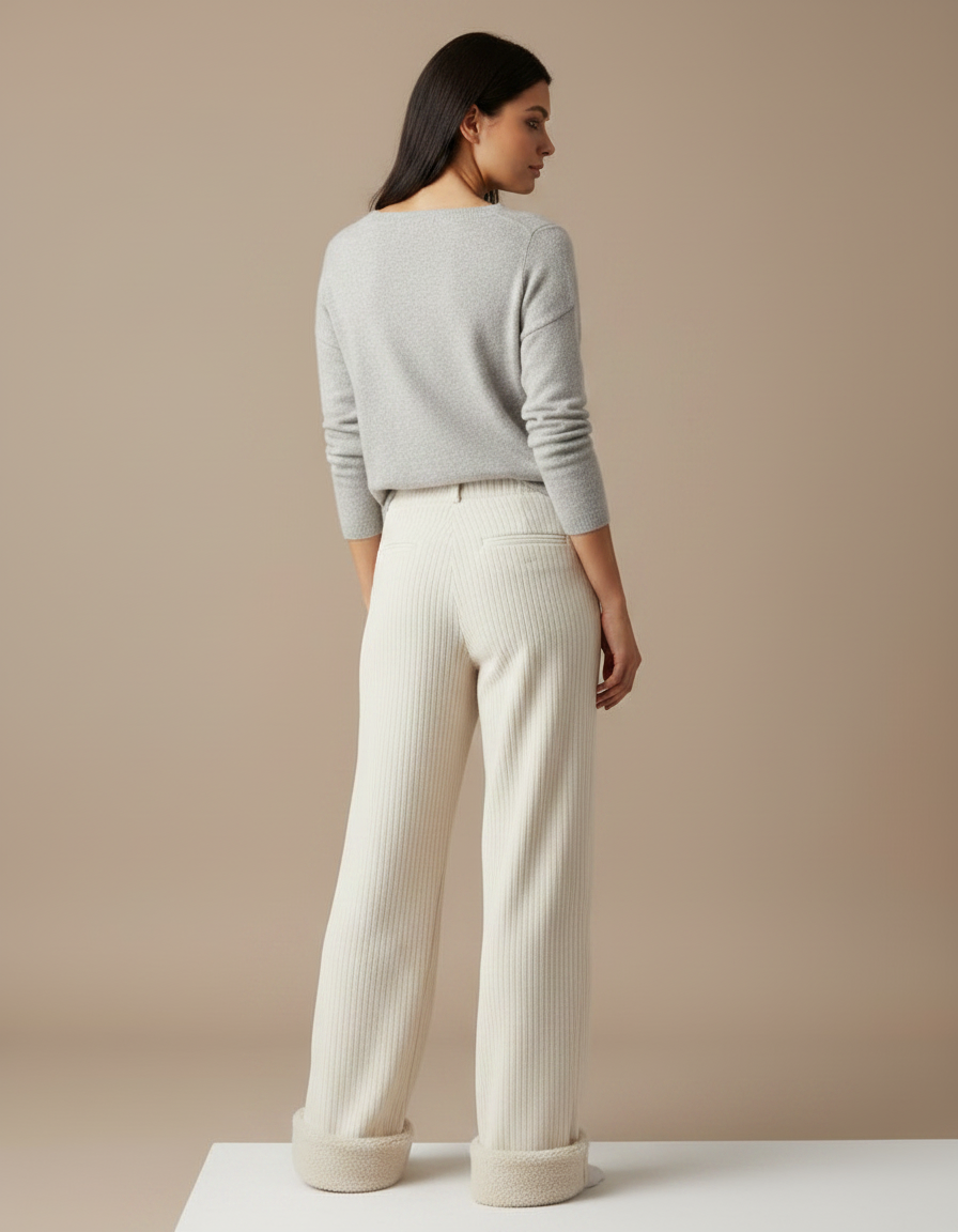 Pantalon Velours Côtelé Écru Ample Doublé Chaud - Beige - vue 2