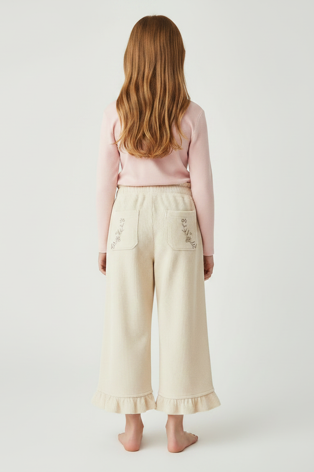 Pantalon Velours Côtelé Écru Brodé Ample Fille - Beige Cordé - vue 2