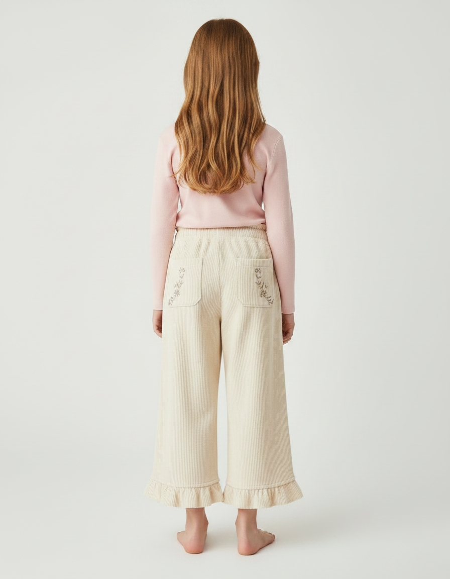 Pantalon Velours Côtelé Écru Brodé Ample Fille - Beige Cordé - vue 2