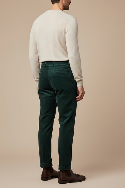 Pantalon Velours Homme Côtelé Vert Plissé Élégant - vue 2