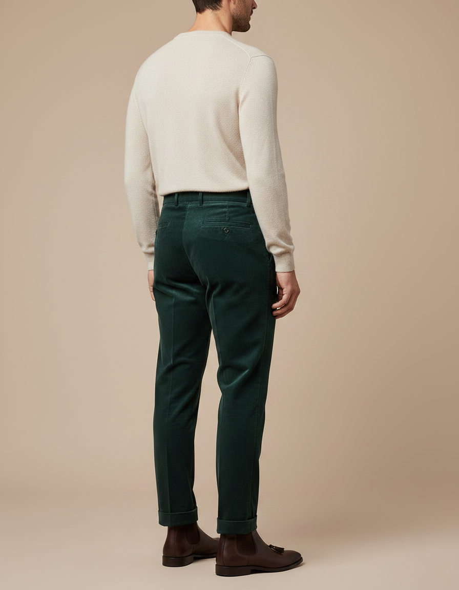 Pantalon Velours Homme Côtelé Vert Plissé Élégant - vue 2