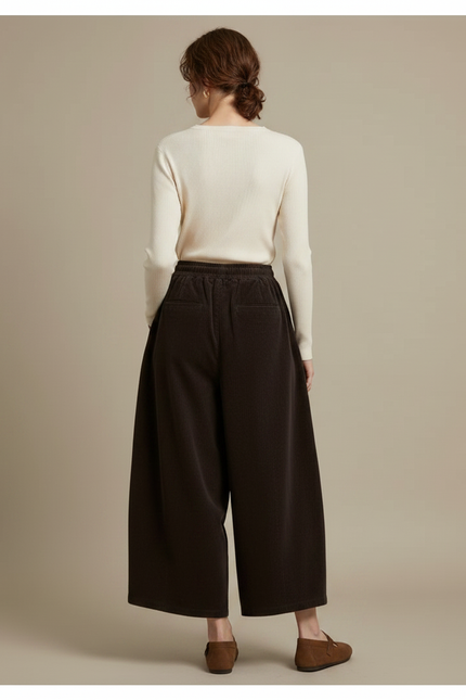 Pantalon Velours Marron Ample Côtelé Élastiqué Femme - vue 2