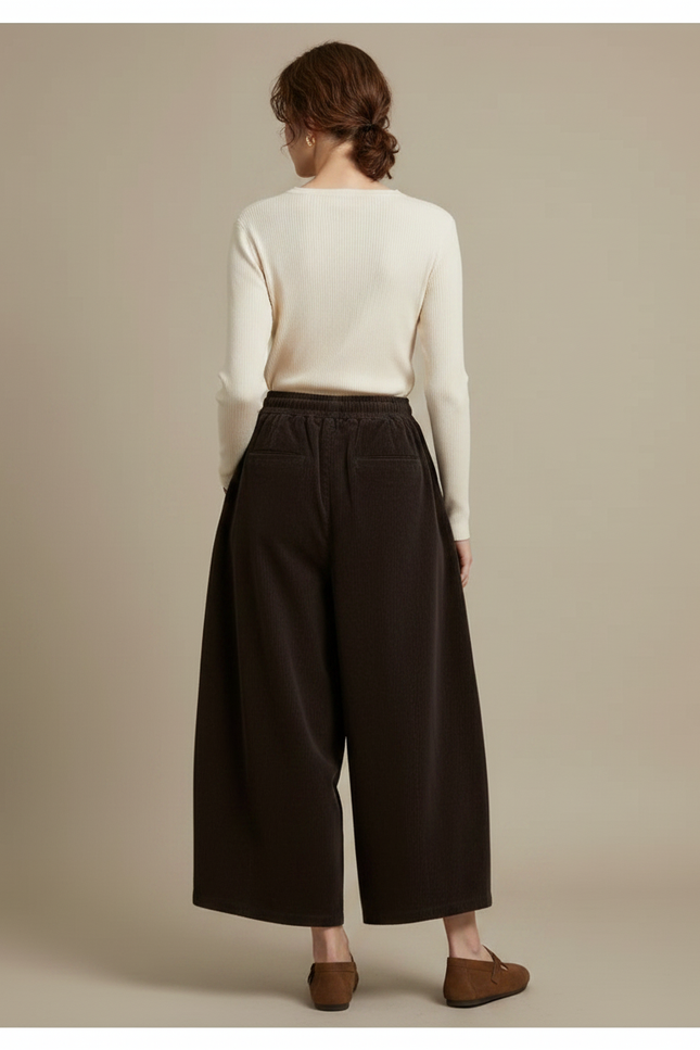 Pantalon Velours Marron Ample Côtelé Élastiqué Femme - vue 2