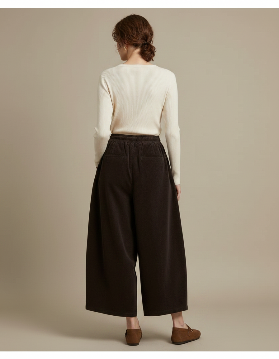 Pantalon Velours Marron Ample Côtelé Élastiqué Femme - vue 2