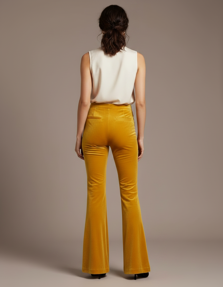 Pantalon Velours Jaune Évasé Taille Haute Élégant - vue 2