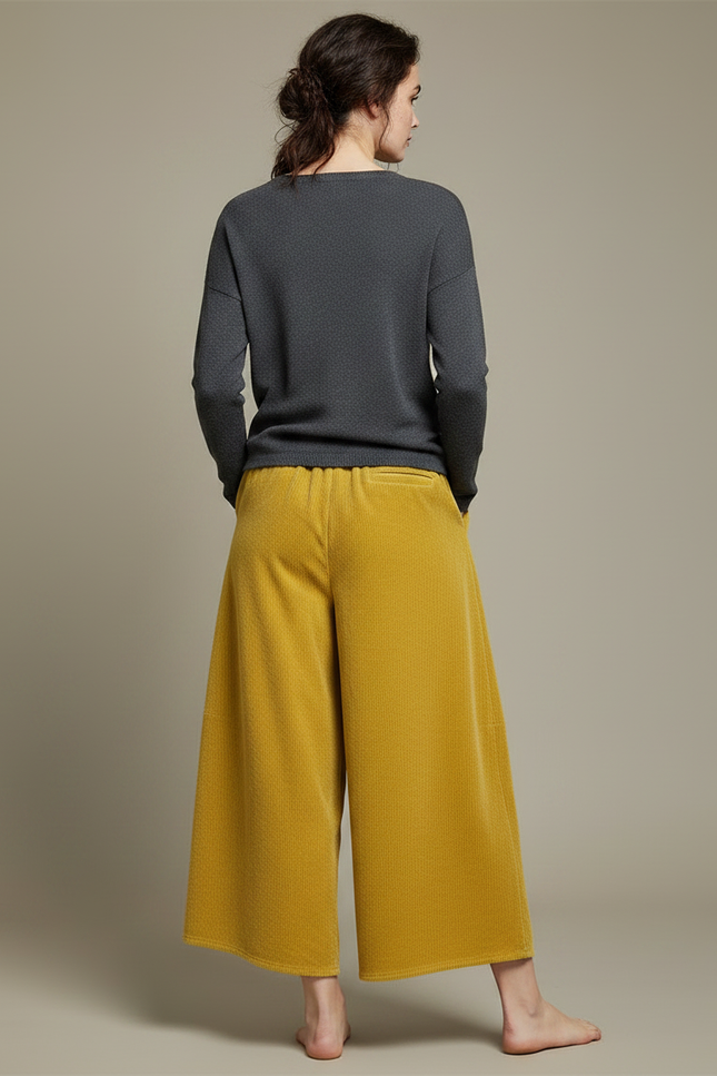 Pantalon Velours Côtelé Ample Jaune Moutarde Femme Confortable - vue 2
