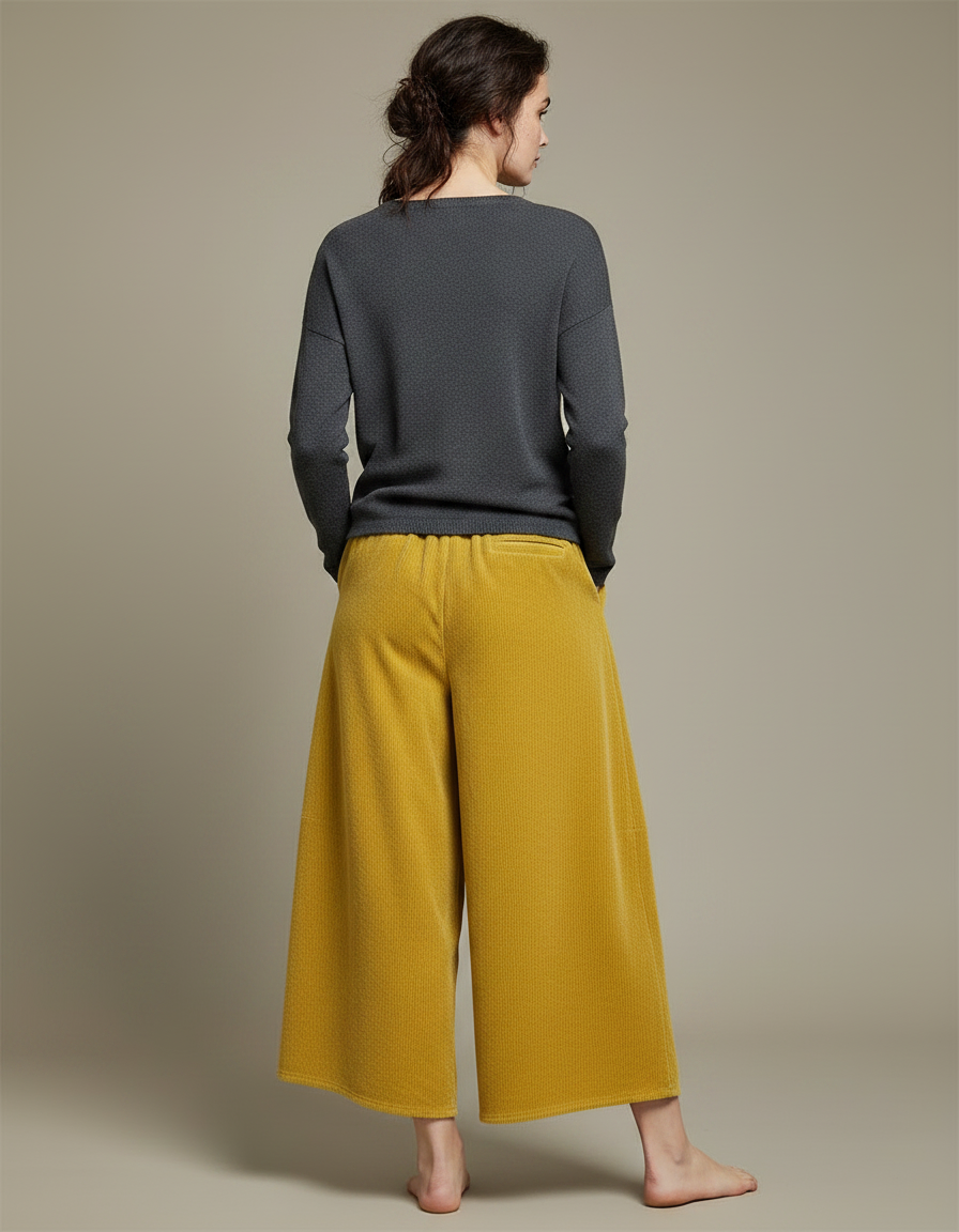 Pantalon Velours Côtelé Ample Jaune Moutarde Femme Confortable - vue 2