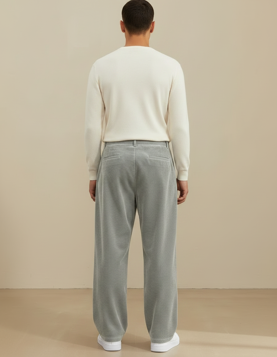 Pantalon Velours Gris Côtelé Ample Droit Homme - vue 2