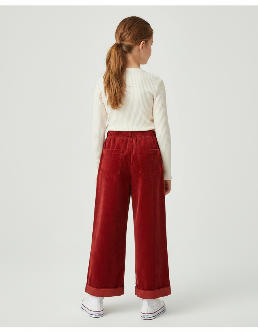 Pantalon Velours Rouge Brique Côtelé Ample Enfant - Bordeaux - vue 2