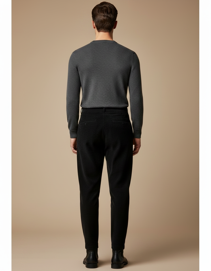 Pantalon Velours Côtelé Noir Plissé Homme Décontracté - Cordé - vue 2