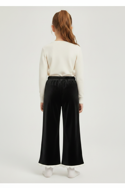 Pantalon Velours Noir Évasé Cœurs Blancs Fille - vue 2