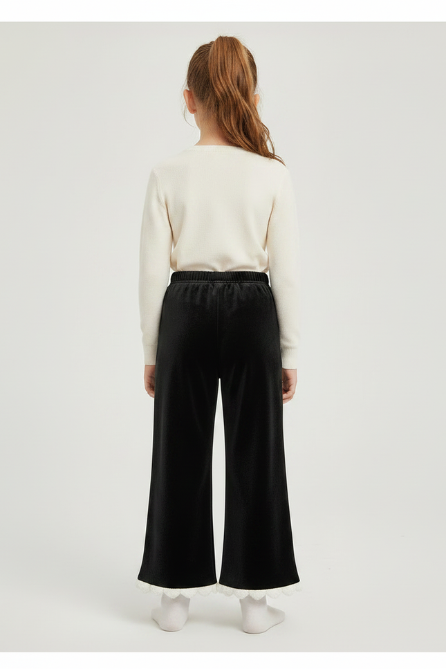 Pantalon Velours Noir Évasé Cœurs Blancs Fille - vue 2