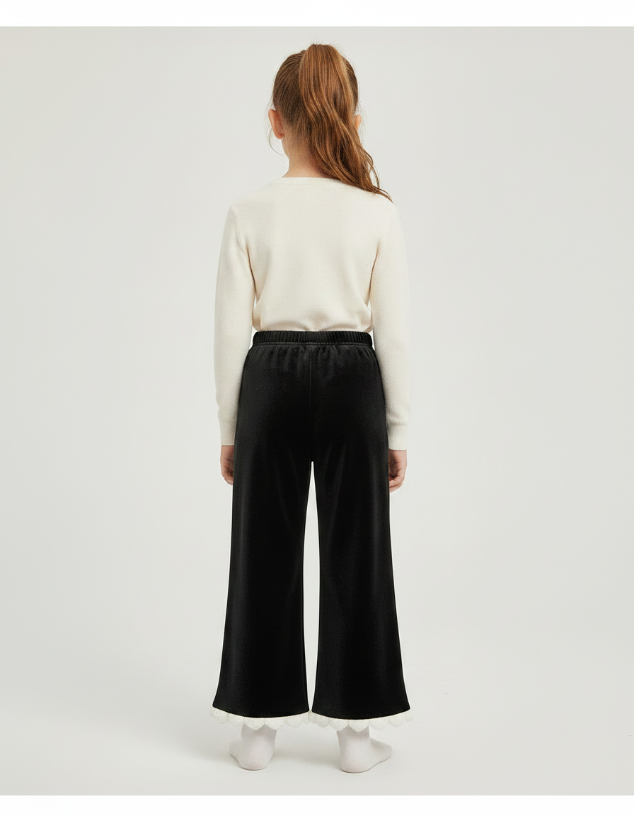 Pantalon Velours Noir Évasé Cœurs Blancs Fille - vue 2