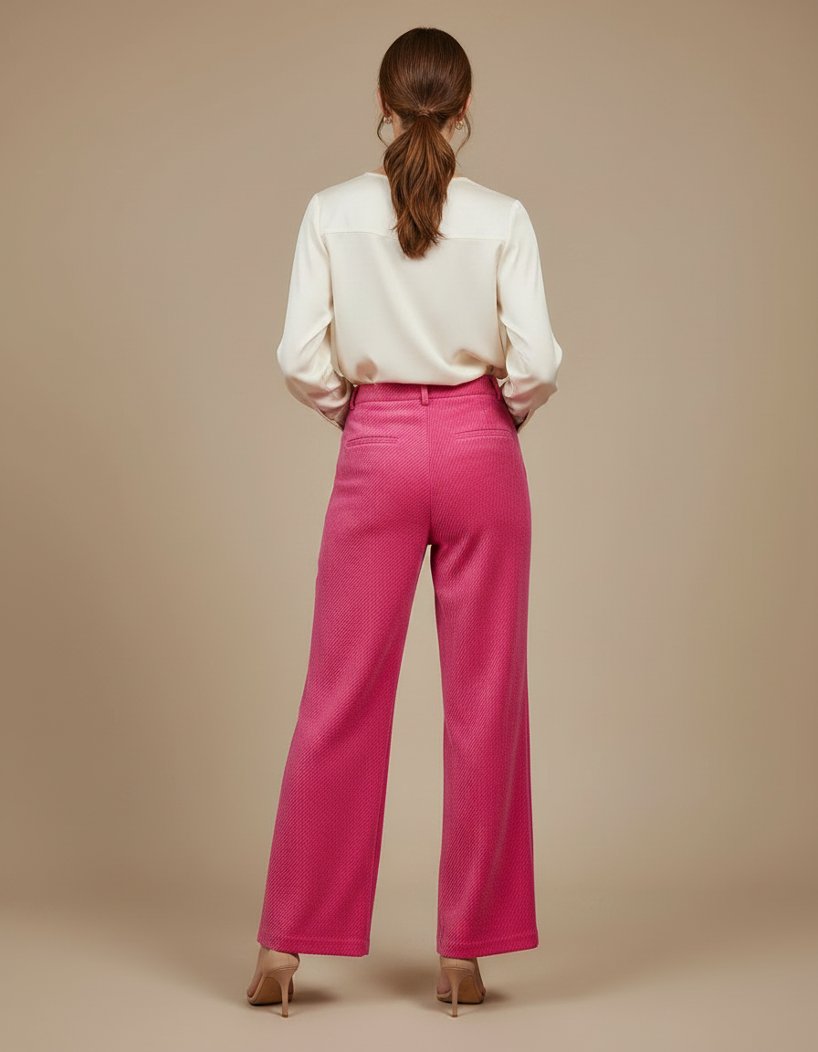 Pantalon Velours Fuschia Large Côtelé Élégant Femme - Rose Cordé - vue 2