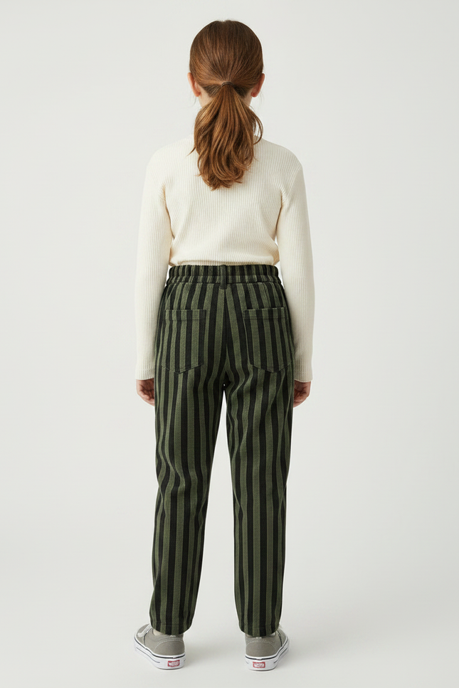 Pantalon Velours Rayé Vert Noir Ample Enfant - Kaki Cordé - vue 2