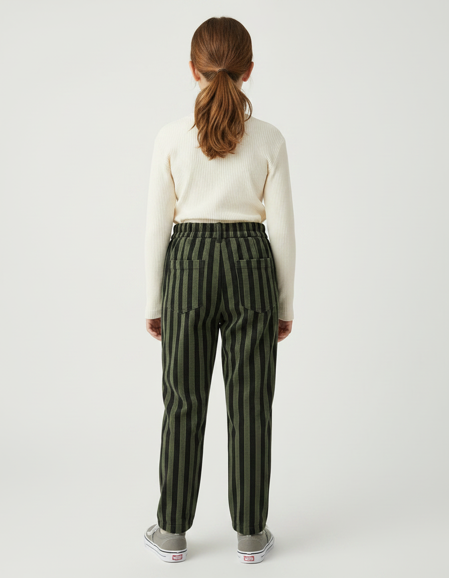 Pantalon Velours Rayé Vert Noir Ample Enfant - Kaki Cordé - vue 2