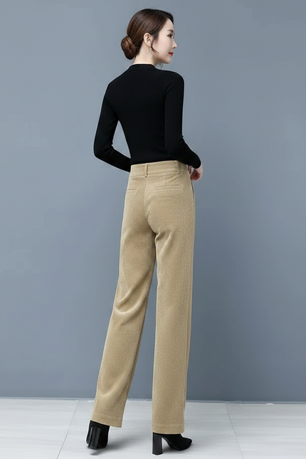 Pantalon Velours Beige Côtelé Large Taille Haute Femme - Cordé - vue 2