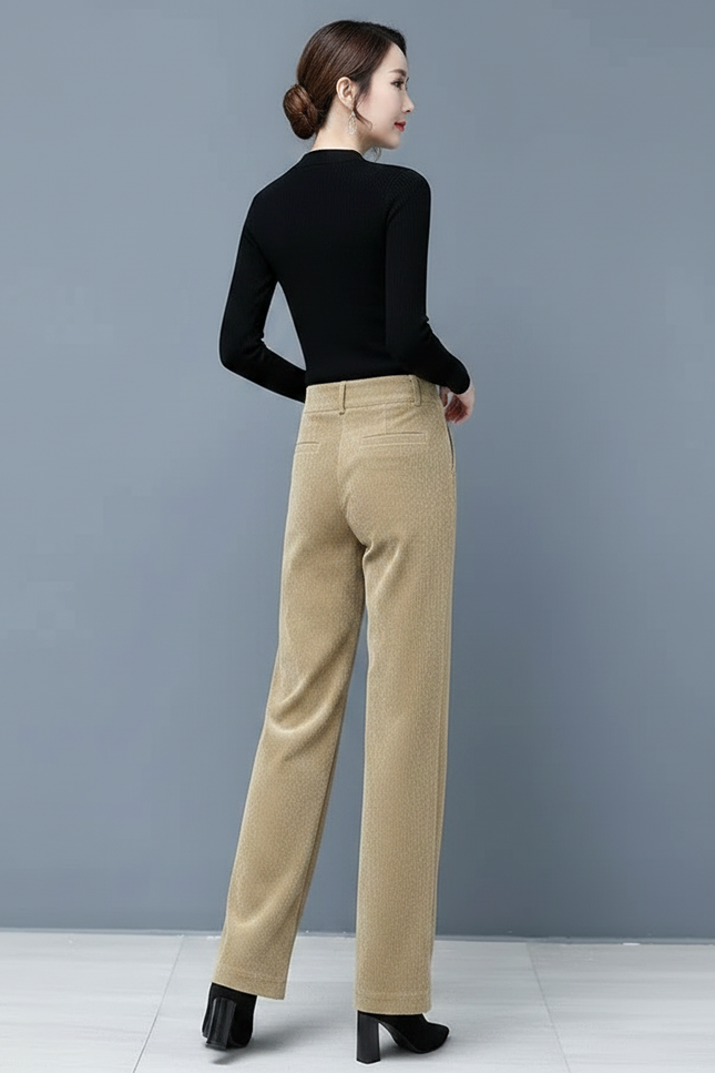 Pantalon Velours Beige Côtelé Large Taille Haute Femme - Cordé - vue 2