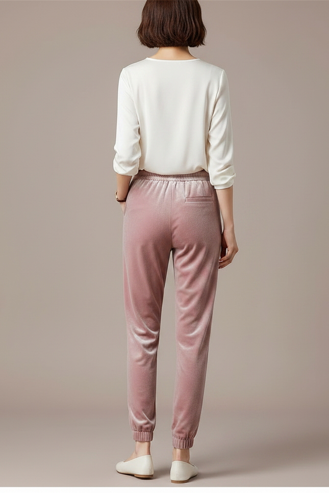 Pantalon Velours Rose Ample Élastiqué Décontracté Femme - vue 2