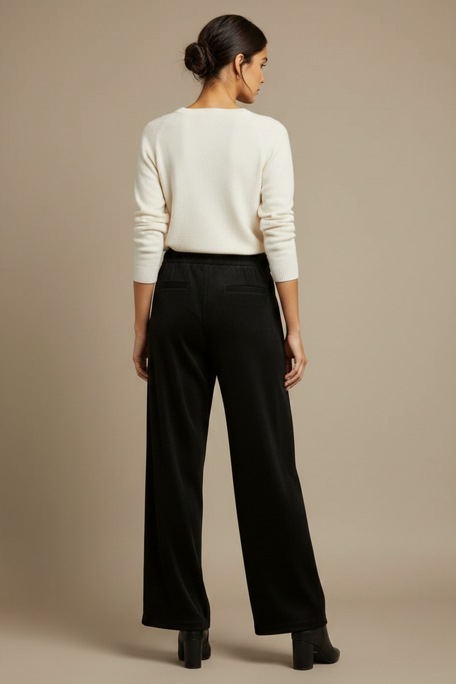 Pantalon Velours Côtelé Noir Ample Cordon Femme - Cordé - vue 2