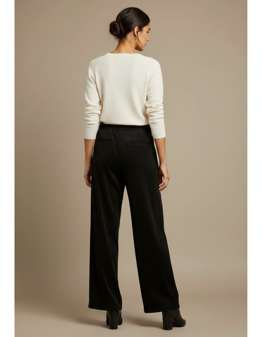 Pantalon Velours Côtelé Noir Ample Cordon Femme - Cordé - vue 2