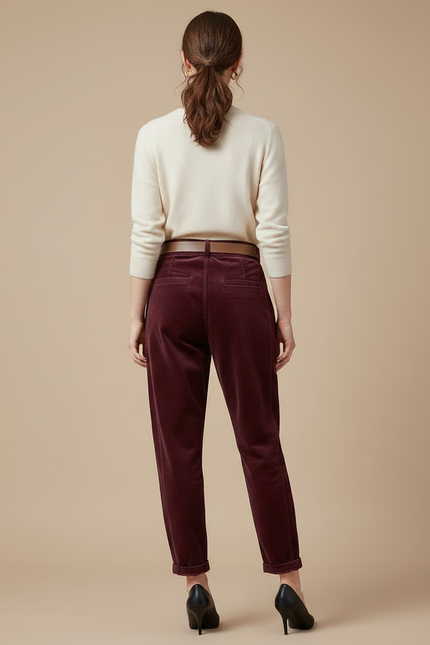 Pantalon Velours Bordeaux Côtelé Ample Taille Haute Femme - Cordé - vue 2