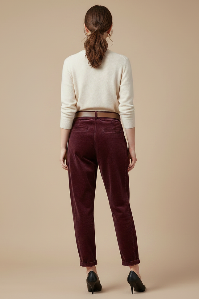 Pantalon Velours Bordeaux Côtelé Ample Taille Haute Femme - Cordé - vue 2