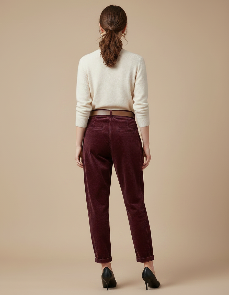 Pantalon Velours Bordeaux Côtelé Ample Taille Haute Femme - Cordé - vue 2