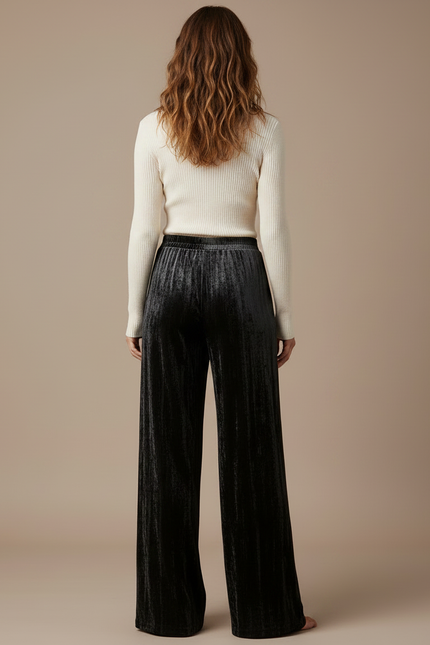 Pantalon Velours Noir Ample Drapé Femme - vue 2