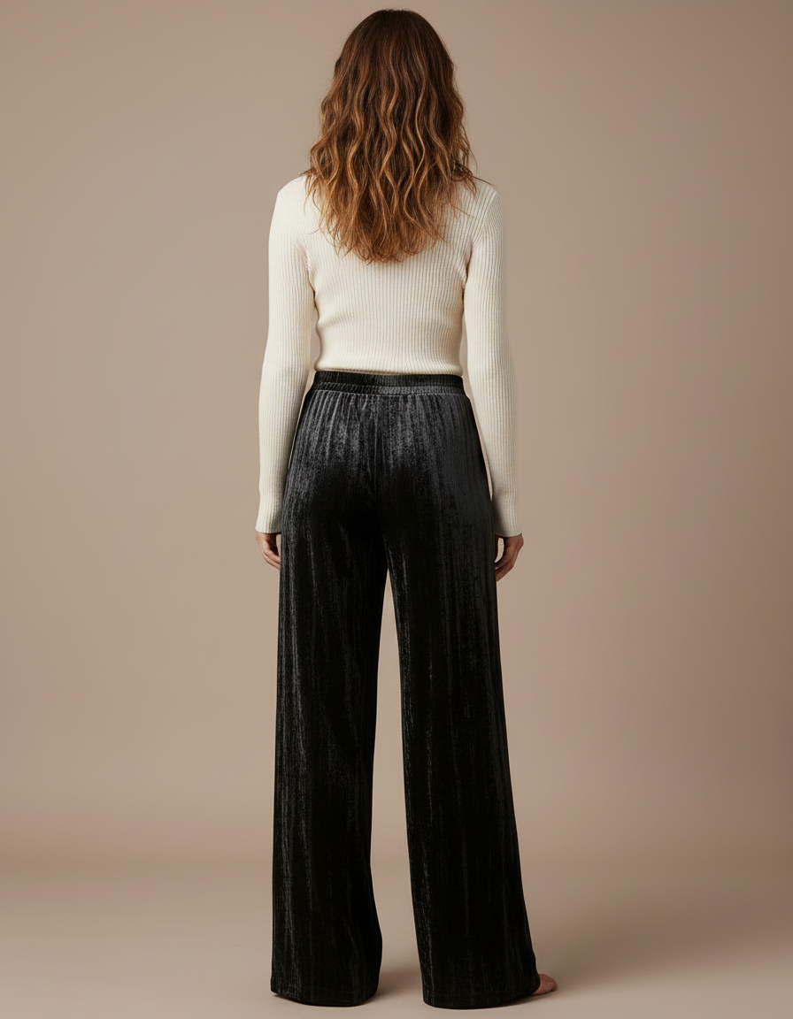 Pantalon Velours Noir Ample Drapé Femme - vue 2