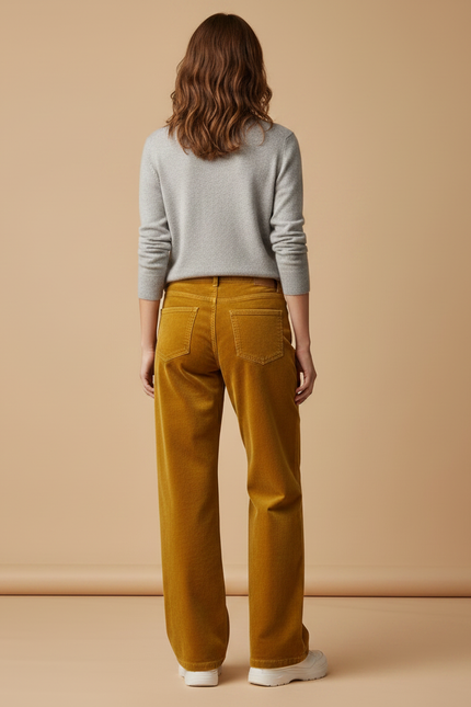 Pantalon Velours Jaune Ample Taille Haute Femme - Cordé - vue 2