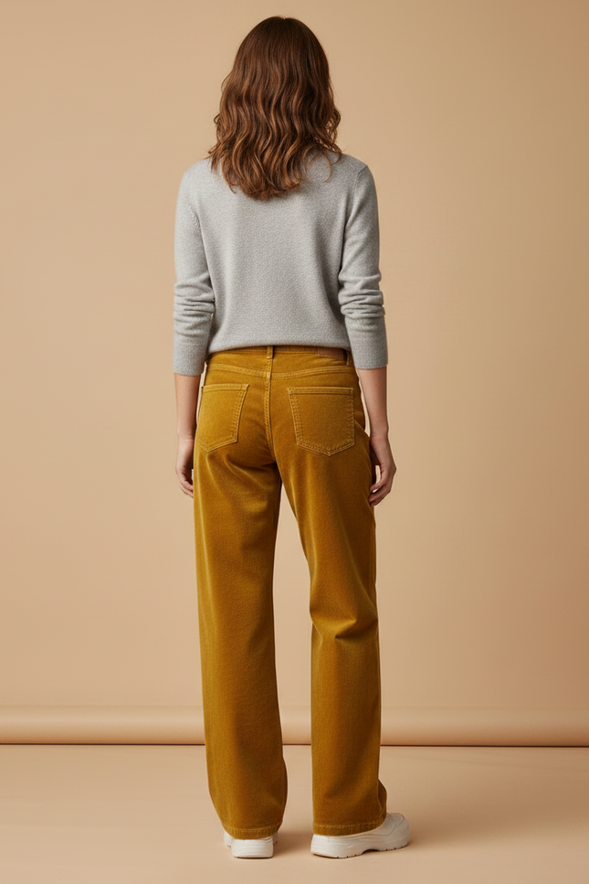 Pantalon Velours Jaune Ample Taille Haute Femme - Cordé - vue 2