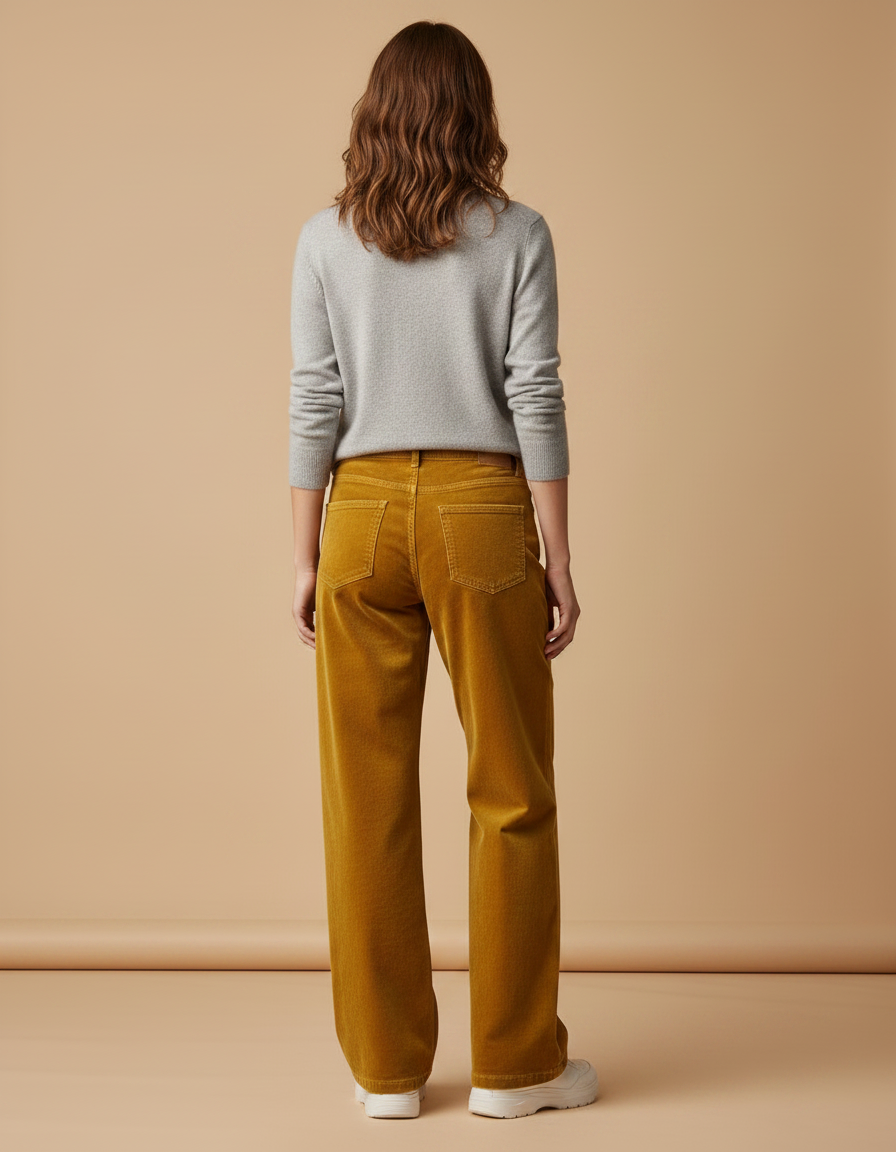 Pantalon Velours Jaune Ample Taille Haute Femme - Cordé - vue 2