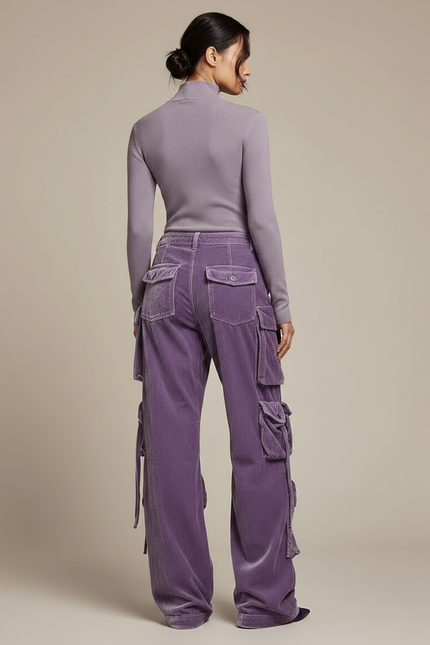 Pantalon Velours Cargo Violet Multi-poches Large Femme - vue 2
