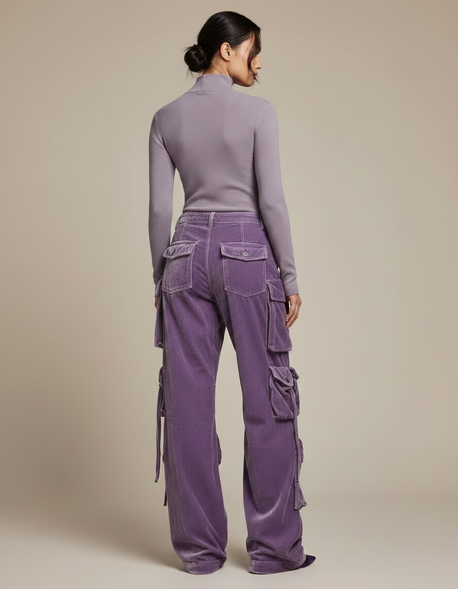 Pantalon Velours Cargo Violet Multi-poches Large Femme - vue 2