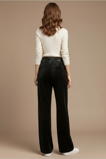 Pantalon Velours Noir Ample Taille Haute Droit Femme - vue 2