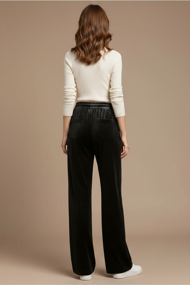 Pantalon Velours Noir Ample Taille Haute Droit Femme - vue 2