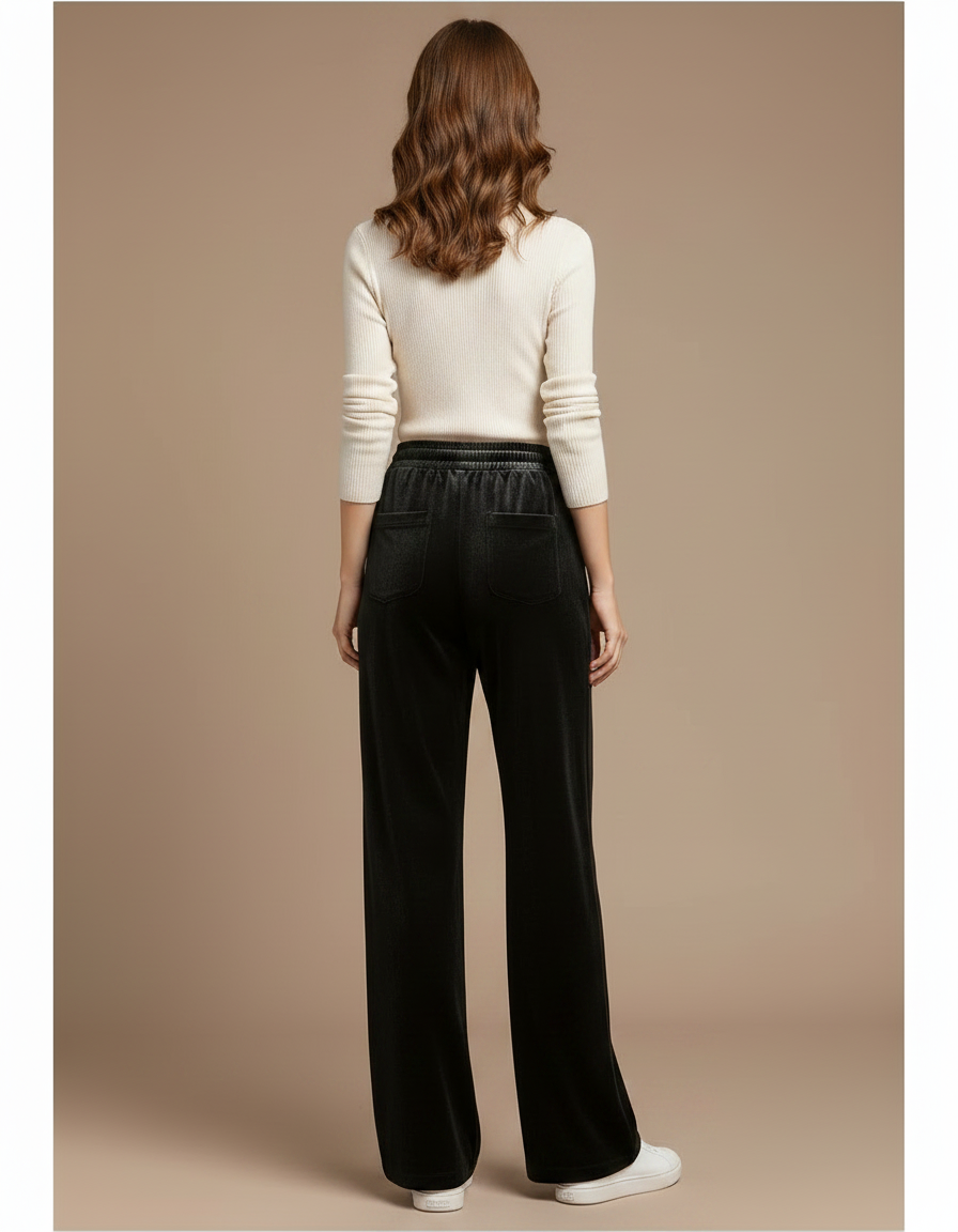 Pantalon Velours Noir Ample Taille Haute Droit Femme - vue 2