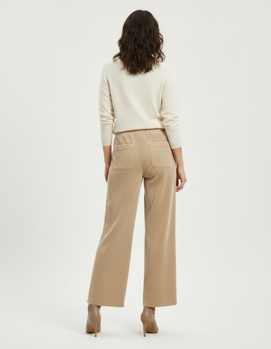 Pantalon Velours Beige Côtelé Ample Décontracté Cordon - Cordé - vue 2