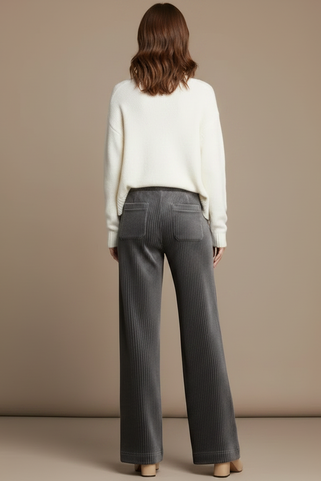 Pantalon Velours Gris Côtelé Ample Taille Haute Femme - Cordé - vue 2