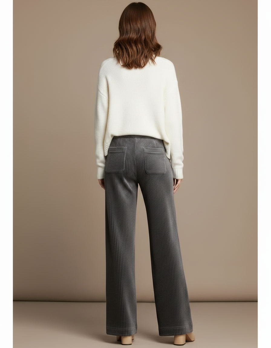 Pantalon Velours Gris Côtelé Ample Taille Haute Femme - Cordé - vue 2