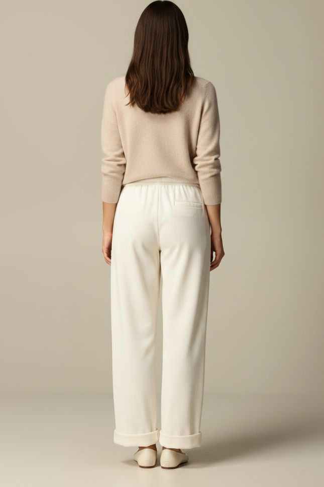 Pantalon Velours Crème Côtelé Ample Décontracté Femme - Blanc Cordé - vue 2