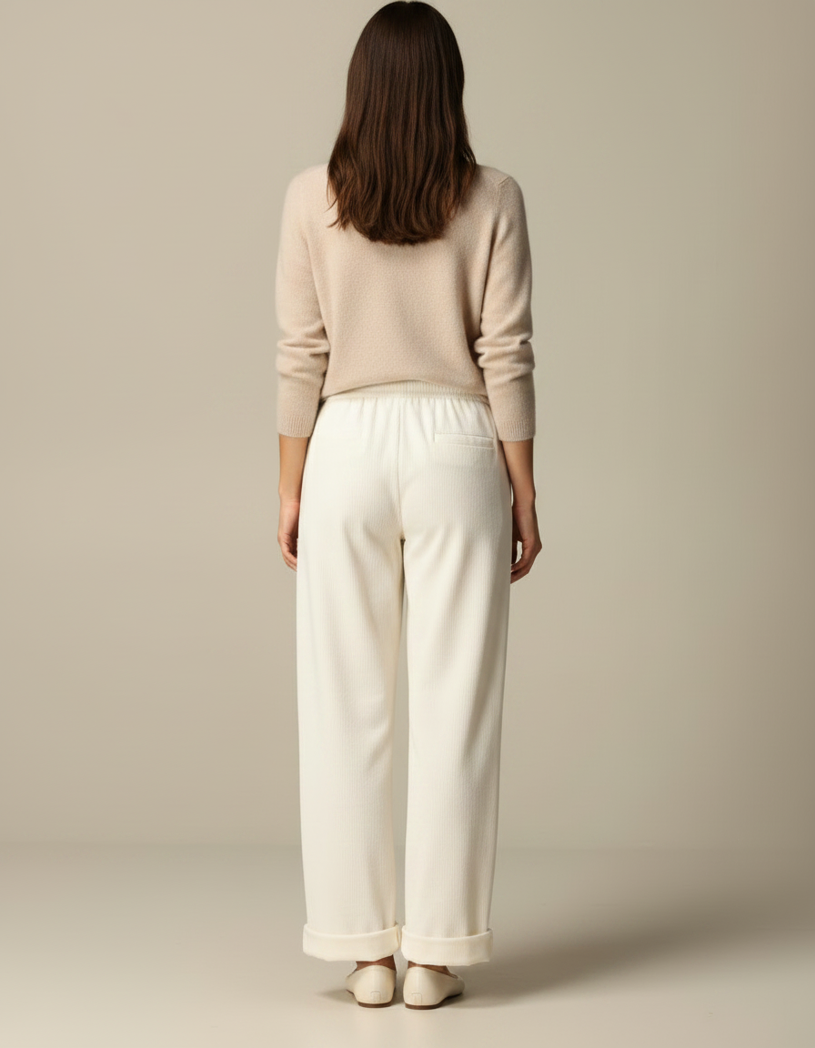 Pantalon Velours Crème Côtelé Ample Décontracté Femme - Blanc Cordé - vue 2