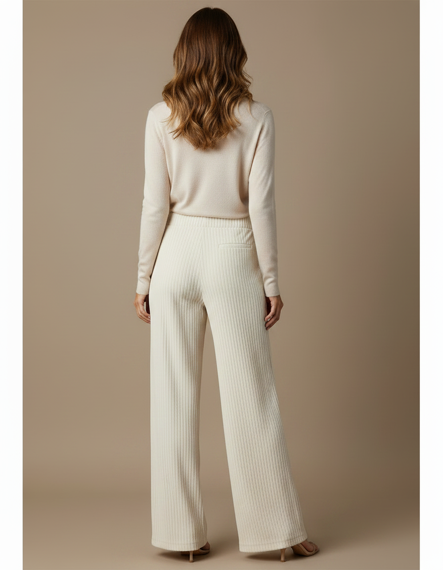 Pantalon Velours Crème Ample Côtelé Décontracté Femme - Beige Cordé - vue 2