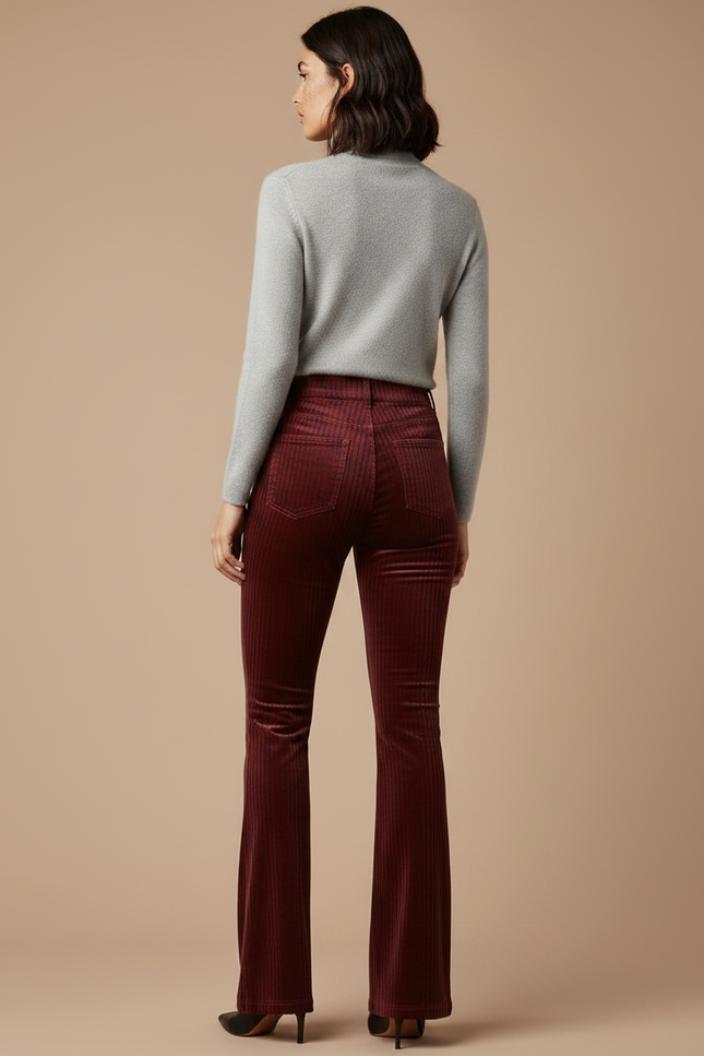 Pantalon Velours Côtelé Bordeaux Évasé Taille Haute Femme - Cordé - vue 2
