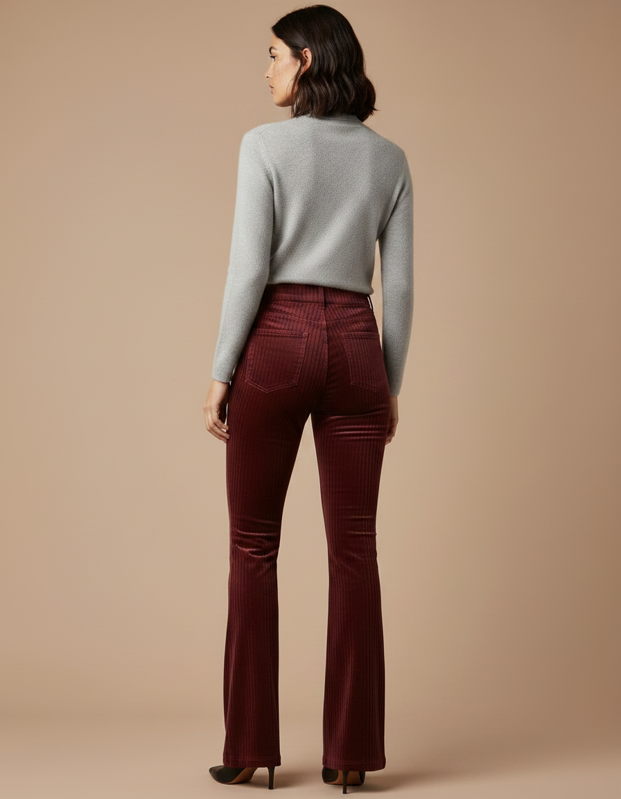 Pantalon Velours Côtelé Bordeaux Évasé Taille Haute Femme - Cordé - vue 2