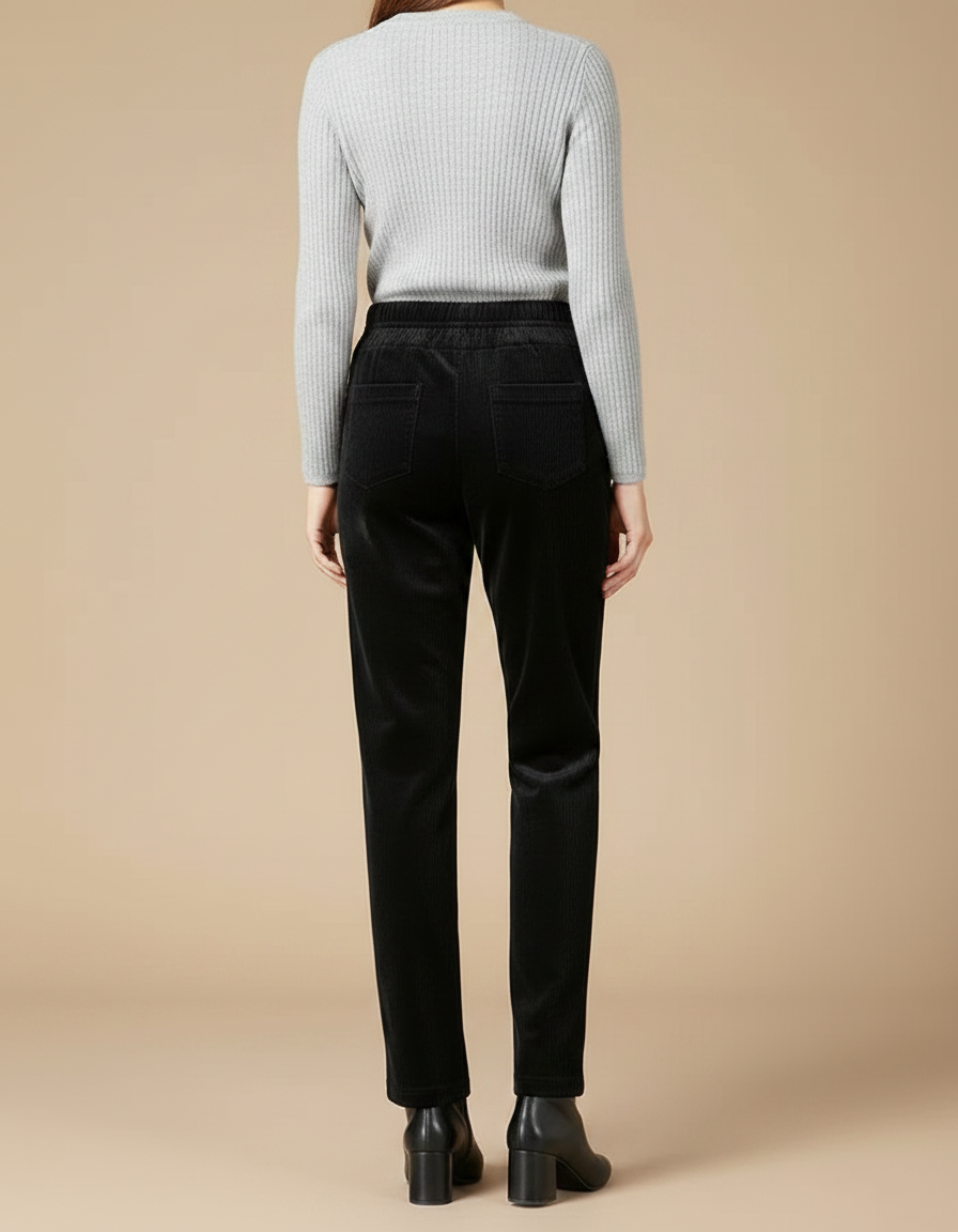 Pantalon Velours Côtelé Noir Droit Taille Élastique Femme - Cordé - vue 2