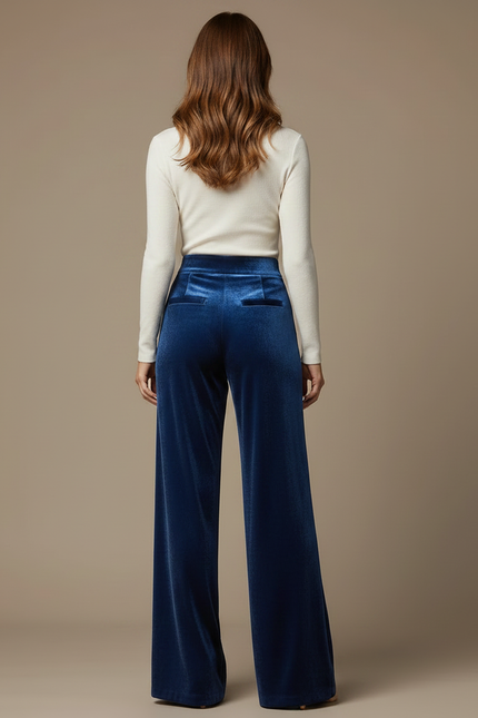 Pantalon Velours Bleu Ample Fluide Élégant Femme - vue 2