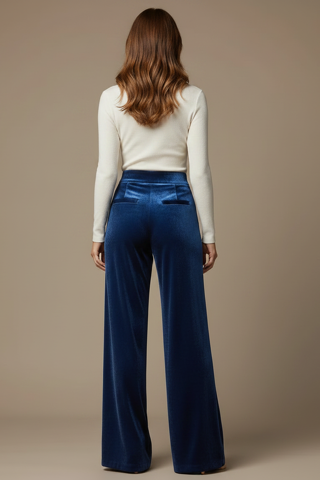 Pantalon Velours Bleu Ample Fluide Élégant Femme - vue 2