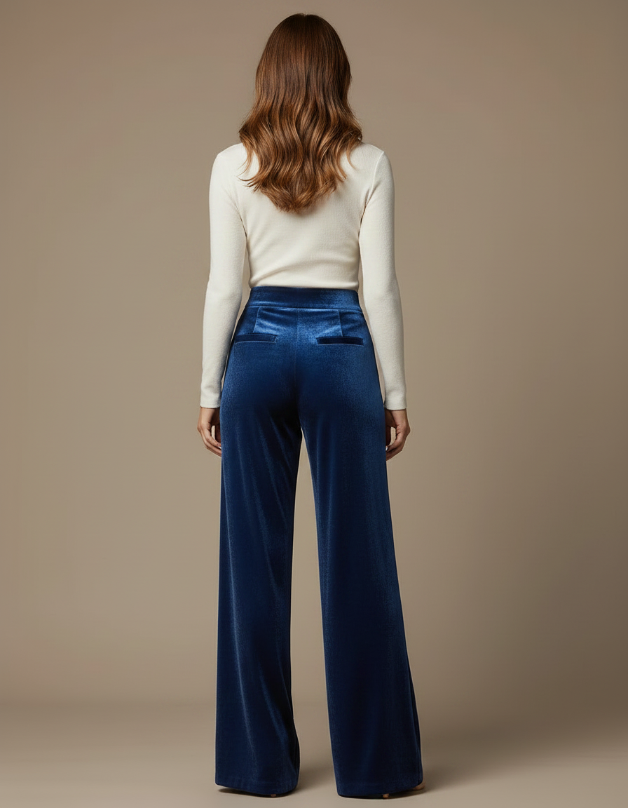 Pantalon Velours Bleu Ample Fluide Élégant Femme - vue 2